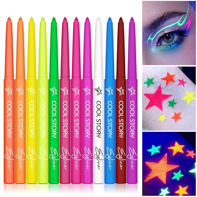 BestLand 12 Colors UV Neon Eyeliner – Festival Makeup, Glow in the Dark, Waterproof & Smudge-Proof, Colorful Liquid Eyeliner for Face & Body Art, Rave Party, Cosplay, Halloween