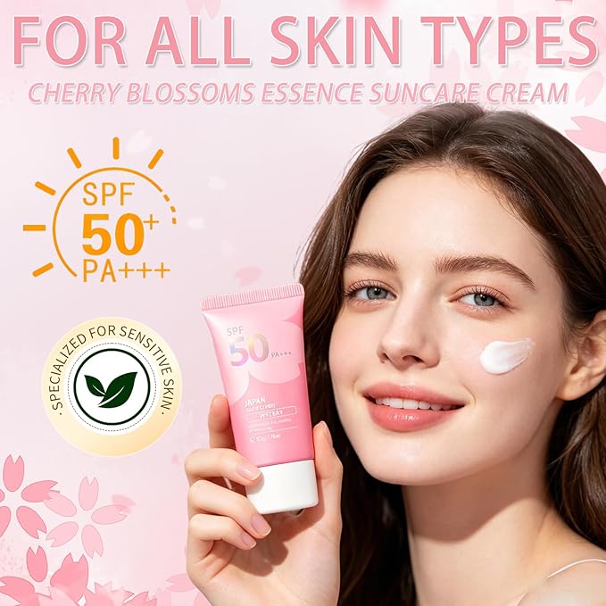 Sunscreen SPF 50 PA+++, Cherry Blossoms Essence Isolation Cream Suncare Moisturizing Sunscreen for Face & Body, Lightweight, Fast-Absorbing, Hydrating & Non Greasy Sun Protection for All Skin Types