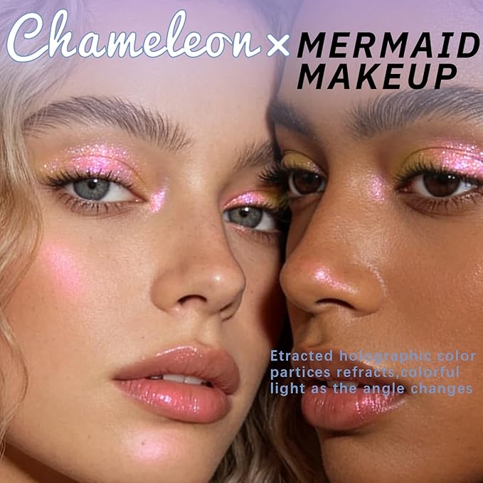 Noerrors Bronze Gold Pink Duochrome Glitter Eyeshadow, Multichrome Shimmer Holographic Creamy Metallic Eyeshadow, Half Magic Sparkling Iridescent Mermaid Eye Brightener Makeup Palette Rave Accessories