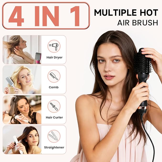 4-in-1 Hair Dryer Brush, Ionic Ceramic Titanium Hot Air Styler with ALCI Safety Plug, 3 Heat Settings for Frizz-Free Blowouts, Salon Volumizer and Straightener (Rose Gold)