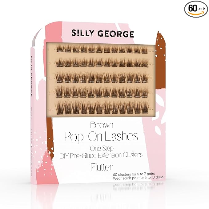 Silly George Pop-On Lashes - DIY 1-Step Pre-Glued Faux Eyelash Clusters, Natural Look Extensions, Light Brown - Flutter, 5-7 Pair Set, Pack of 60 Clusters