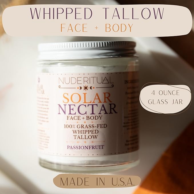 100% Grass-Fed Beef Tallow – Whipped Body Butter Moisturizer for Face & Body – USA Made Natural Lotion Alternative for Dry, Sensitive Skin – 4 oz (Solar Nectar – Passionfruit)
