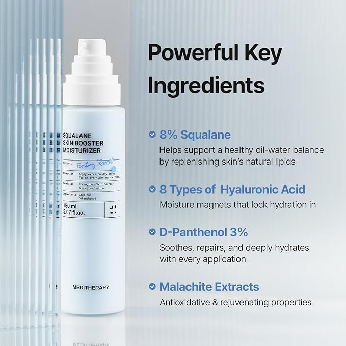 MEDITHERAPY Squalane Skin Booster Moisturizer – 8% Squalane + Panthenol + Hyaluronic Acid | Hydrating Moisturizer Face Cream for Dry Sensitive Skin | Lightweight Non-Greasy Barrier-Support 5.07 fl oz