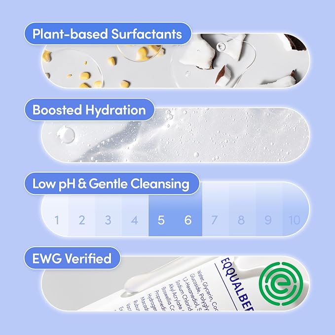 EQQUALBERRY pH Balanced Daily Glow Gel Cleanser 7.1 fl oz. 210ml Moisturizing finish, Gentle Gel Cleaning, Korean Skincare EWG Green