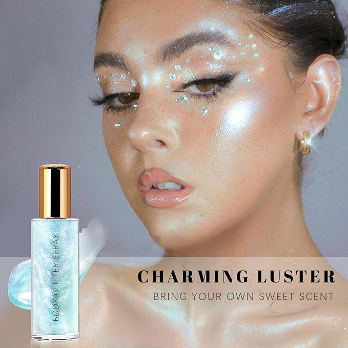 HOSAILY Body Glitter Spray, Holographic Body Shimmer Quick-Drying and Non-Sticky Duochrome Glitter Hairspray for Face Clothes, Sparkle Highlighter Makeup Festival Rave Accessories, Blue