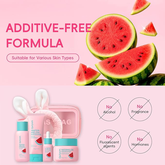 QUIYUM Watermelon Skin Care for Teen Girls, Daily Routine Skincare Sets- Smooth, Clean, Oil Control, Firm, Hydrate, Glow Up,, for All Skin 4PCS, Mother's Day Birthday Gift for Women, Wife, Girlfriend