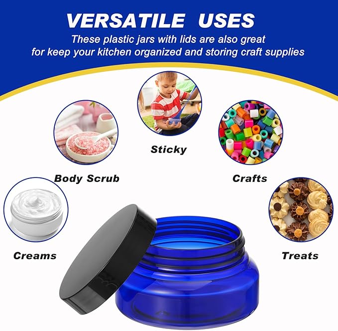 Tessco for you 24 Pack Plastic Jars with Lids Labels Multiuse Slime Containers Empty Body Scrub Jars Round Refillable Cosmetic Body Butter Container for Makeup (5 oz,Blue,Black)