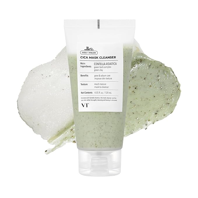 VT COSMETICS CICA Mask Cleanser, 2-in-1 Facial Wash, Non-Drying Clay Mask, Gentle Pore Care, Exfoliating, Hydrating, Centella Asiatica for Acne-Prone & Sensitive Skin, Korean Skincare (4.05 fl. oz)