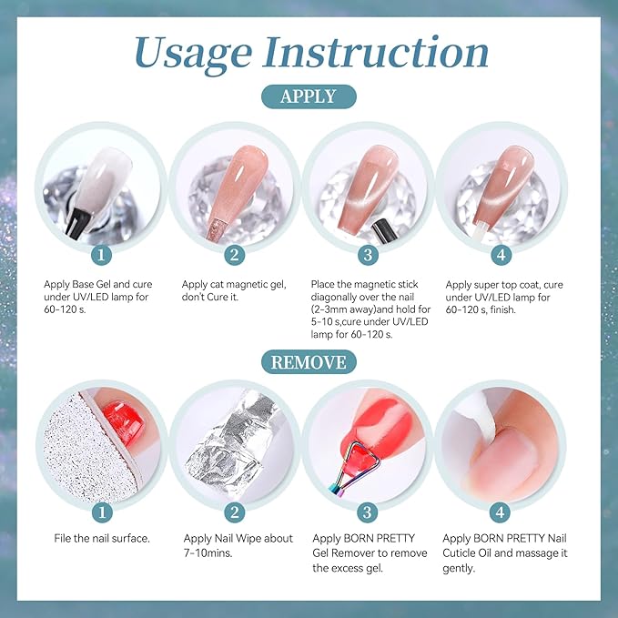 Born Pretty Spring Summer Aurora Cat Magnetic Eye Gel Gel Nail Polish Set 6 Colors Prismatic Siren Holographic Mermaid Cat Magnetic Eye Gel Polish for Nail Art Soak Off U V Gel for Salon Home 7ml
