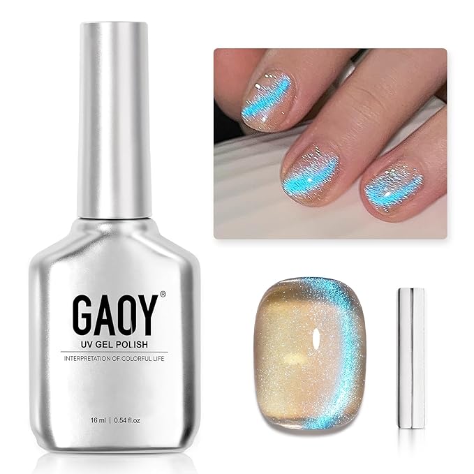 GAOY Cat Eye Gel Nail Polish, 16ml Blue Glitter Nail Polish with Nude Base, Reflective Holographic Translucent UV Gel with Magnet, 2408 Mermaid Tears