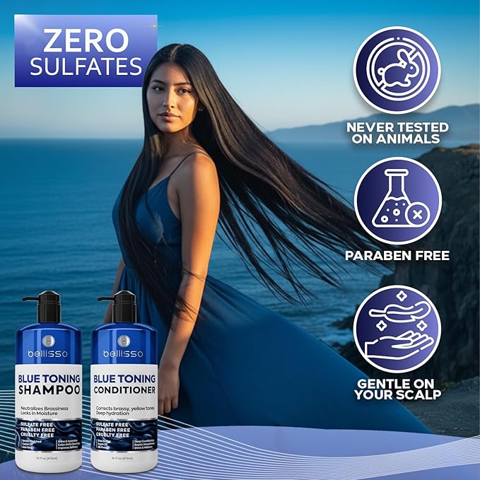 Blue Shampoo and Conditioner Set - Sulfate Free and Paraben Free - Neutralizing Toner to Correct Orange, Brassy Hair Back to Brunette - Professional Formula - For Women and Men - 16 Fl Oz (Set of 2)