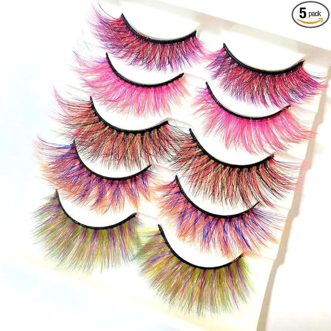 Sunniess Ombre Colored Lashes Silk Protein Fluffy Wispy Volume Fake Lashes for Halloweens Cosplay Party Stage Russian D Curl Lashes with Color Make up Faux Mink False Eyelashes