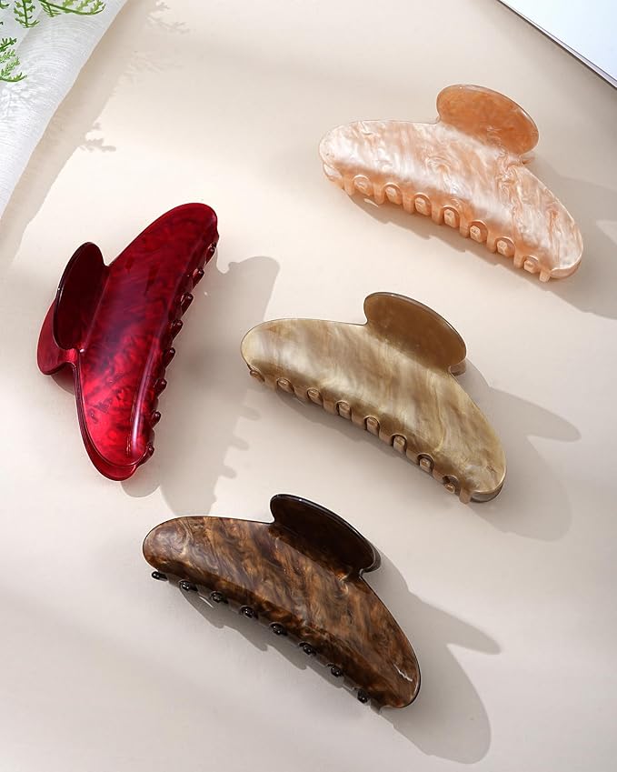 Mesovor 4 Pack Acrylic Hair Clips Claws, Nonslip 4.1" Large Hair Grip Hairclips for Thin and Thick | French Banana Barrettes Hair Strong Hold Hair Jaw Clamps (Coffee, Red, Light Brown, Champagne)