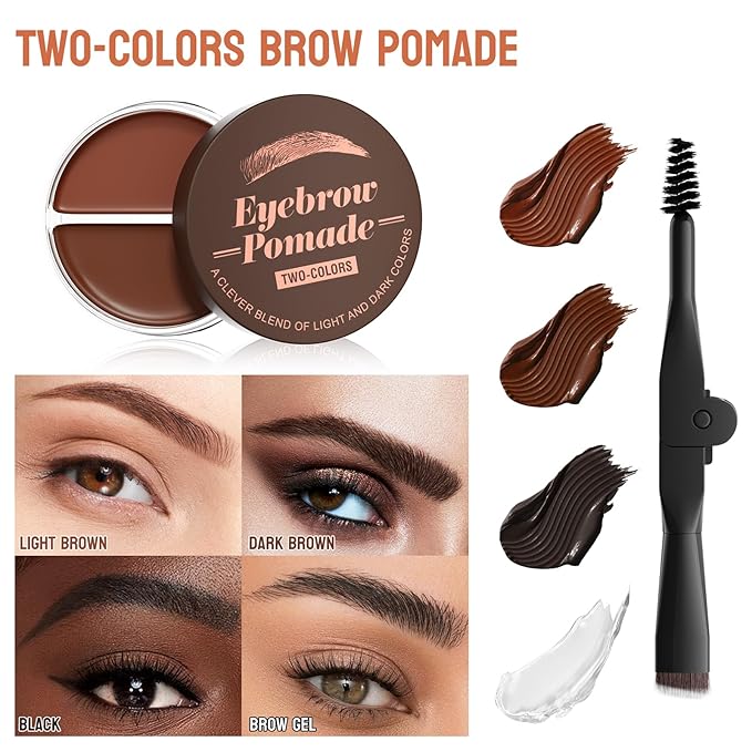 Dual Color Eyebrow Pomade for Women 2-in-1 Waterproof & Sweatproof Brow Gel with Foldable Dual-Ended Brush - Natural Looking, Long Lasting, All-Day Wear for Beginners (Light Brown+Black)