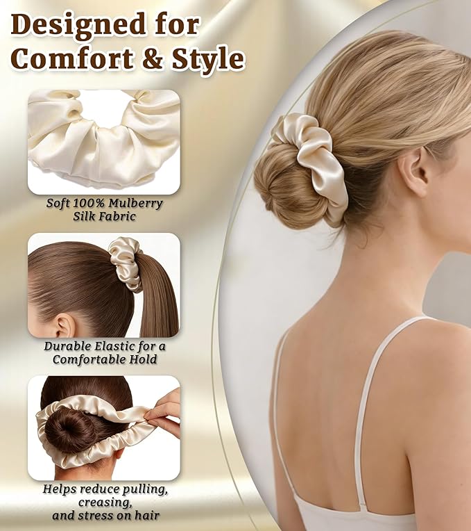 30 Momme 100% Mulberry Silk Scrunchies for Women and Girls, Oversized XL Hair Tie for Sleeping, Soft Smooth for No Damage Hair Care Sleeping (Beige)