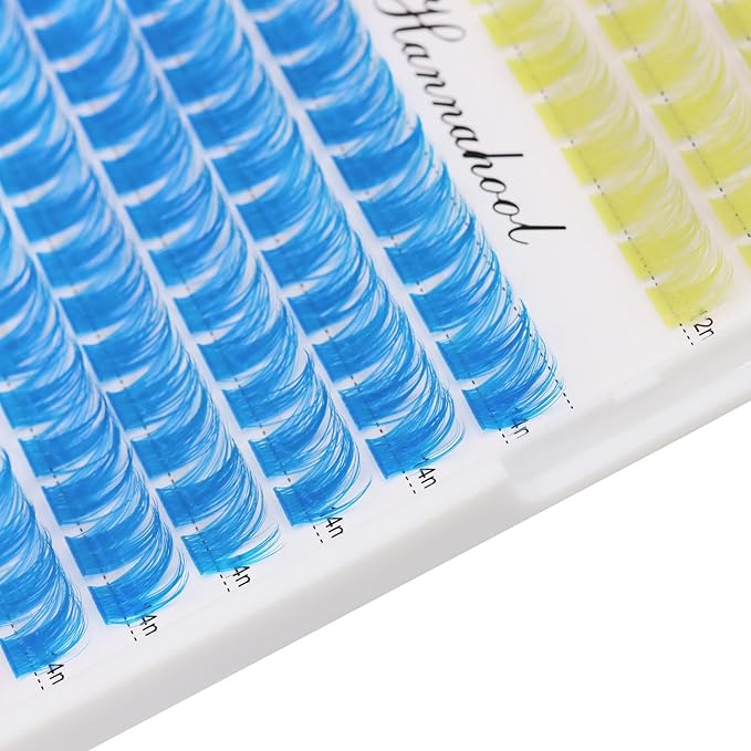 12rows-Large Tray Mixed 8-10-12-14-16mm/Mixed 14-15-16mm/Mixed14mm-16mm/Mixed 18-20mm Wide Stem Individual False Eyelashes Dramatic Black Cluster Eyelashes (T50-yellow-blue-12-14mm)