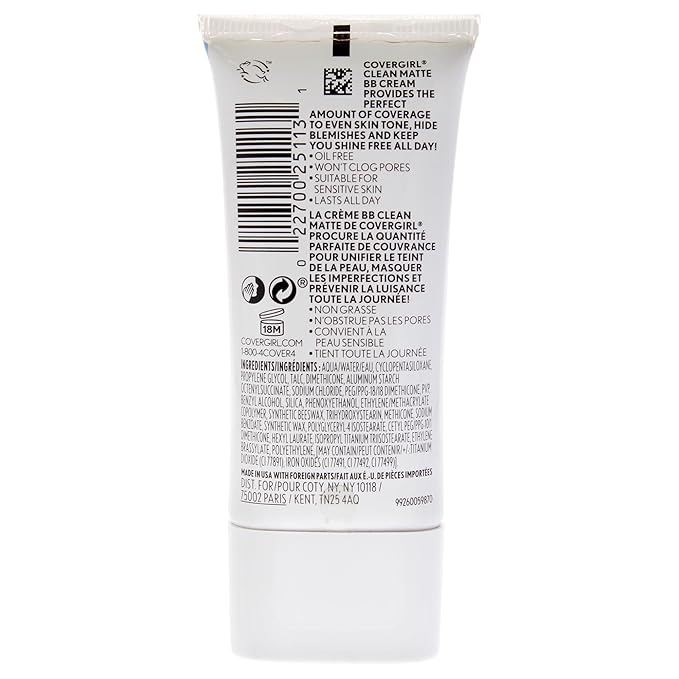 COVERGIRL - Clean Matte BB Cream, Oil-Free, Long-Lasting, Sensitive Skin, Lightweight, 100% Cruelty-Free