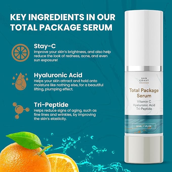 Sun Coast Sciences - Creamy Total Package Serum - Vitamin C Serum with Hyaluronic Acid & Peptides for Face - Hydrating Anti Aging Face Serum for Smoother, Firmer Looking Skin - 1 Fl Oz (Pack of 1)