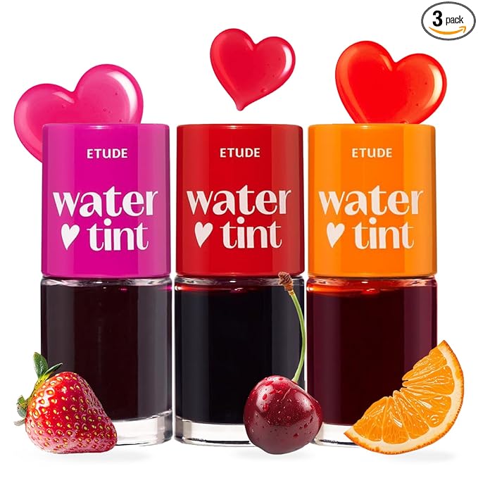 ETUDE Dear Darling Water Tint 3 Color SET (Strawberry Ade+Cherry Ade+Orange Ade, 9g*3) | Vivid Color Lip Stain with Moisturizing Weightless & Non-sticky Finish | Korean Makeup, Perfect for Gift