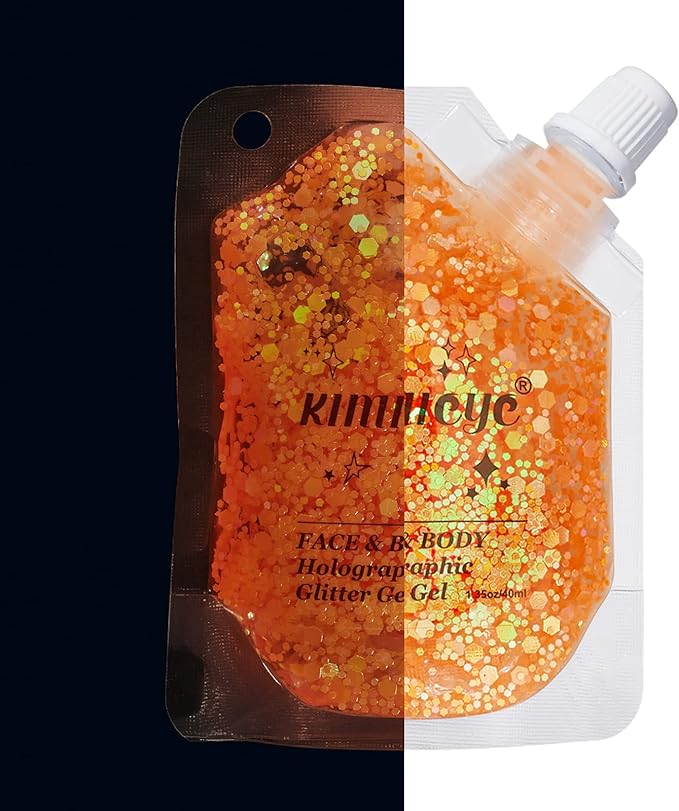 Face Body Glitter Gel Shimmer Makeup for Hair Clavicle Arm Nail Eyeshadow, Long Lasting Waterproof Holographic Mermaid Sequins for Outfit Rave Festival Party, 1.35oz, Luminous Orange