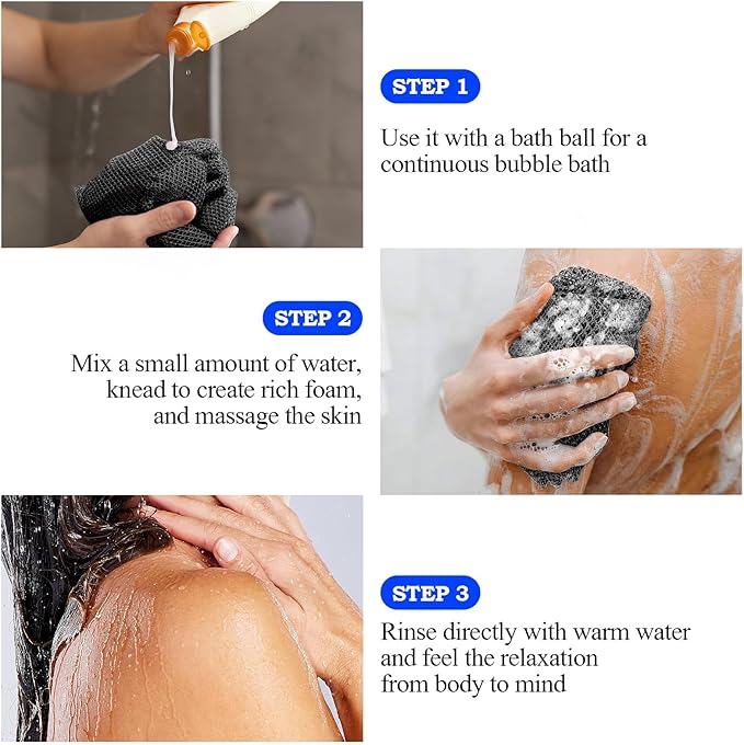 African Net Sponge - Deep Exfoliating Body Scrubber - Ultra Long African Net Sponge Reaches All Back Areas, Gently Buffs Away Dry Flaky Skin for a Renewed Feel, Home Spa Experience（Black）