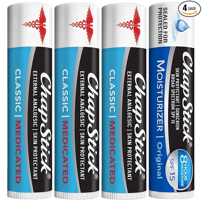 ChapStick Dry Lips & Cold Sore Pain Relief Bundle – Classic Medicated 3-Pack + Original Moisturizer Lip Balm with SPF 15, 0.15 Oz Ea (4 Piece Set)