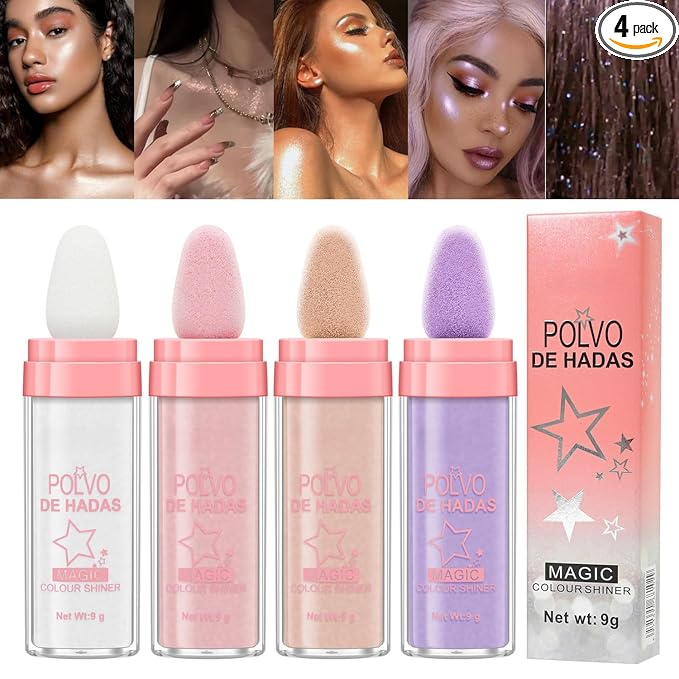 URQT 4 Color Polvo De Hadas Fairy Dust Highlight Patting - Full Body Contouring and Clavicle Pearlescent Patting Powder for Face and Eye, Christmas Sparkling Body Glitter (4 Pack)