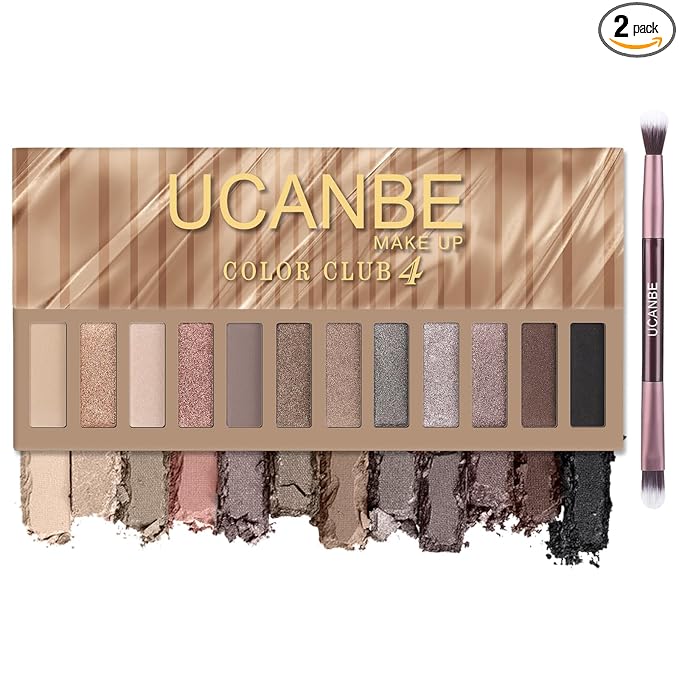 UCANBE 12 Color Eyeshadow Makeup Palette, Neutral Matte Shimmer Nude Eye Shadow Make Up Pallet with Double-ended Brush Set Kit, Highly Pigmented Long Lasting Waterproof