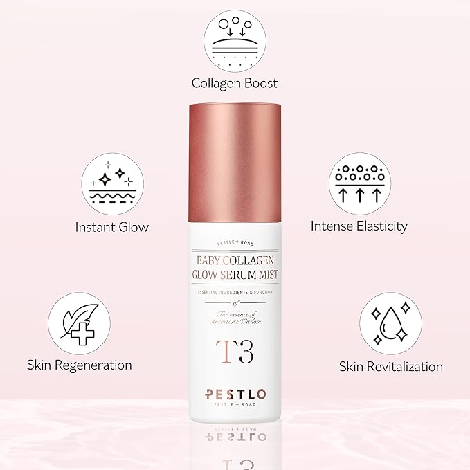 PESTLO T3 Baby Collagen Glow Serum Mist Spray for Korean Glass Skin - 75.4% Reallagen/T3 Vegan Collagen, PDRN, Phyto-Amino Acid Complex, Voluform for Elasticity, Radiance & Firmness, 1.69 Fl Oz (50ml)