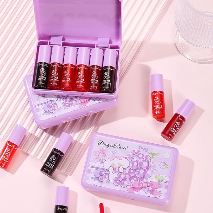 Eakroo 6 Colors Grapes Lip Tint Stain Set, Korean Lip Gloss Watery Lip Stain, Lipstick for Women, Lip Gloss for Girls, Blush for Cheeks, Non-Stick Cup, Waterproof, High Pigment, Lip Tint Makeup