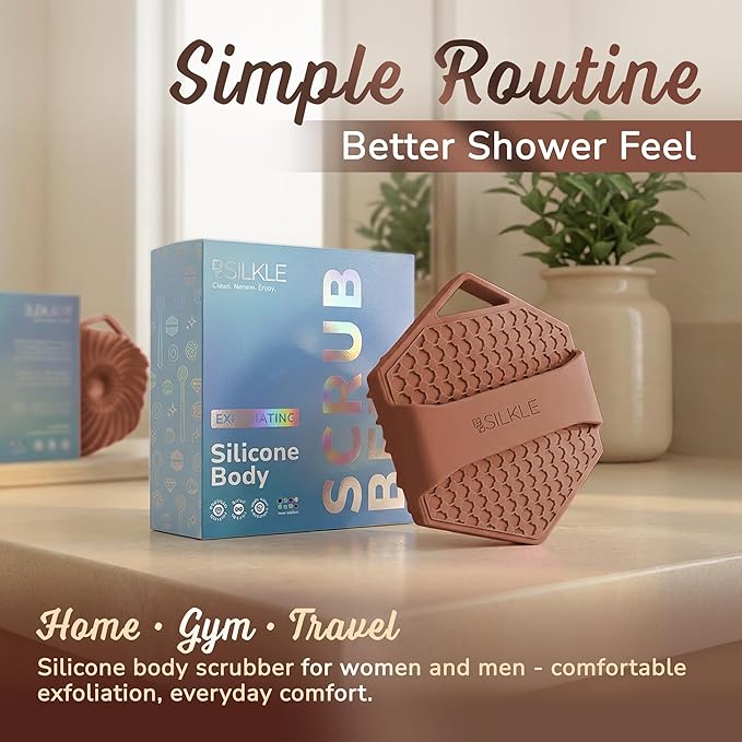 SILKLE Silicone Body Scrubber – Gentle Exfoliating Shower Scrubber for Body & Bath, Silicone Shower Brush & Loofah Alternative – Non-Slip Silicone Body Brush, Quick Dry, Hygienic - Brown