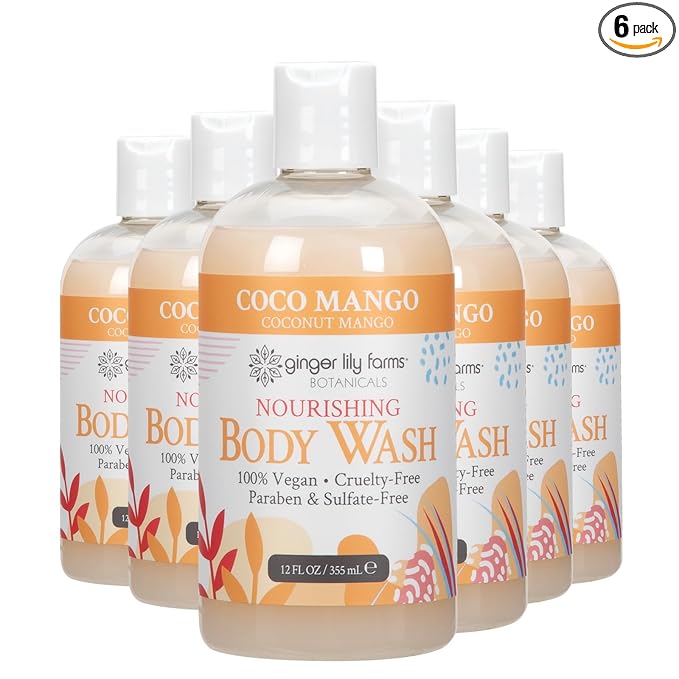 Ginger Lily Farms Botanicals Nourishing Body Wash, Coco Mango, 100% Vegan & Cruelty-Free, Coconut Mango Scent, 12 Fl Oz (Pack of 6)