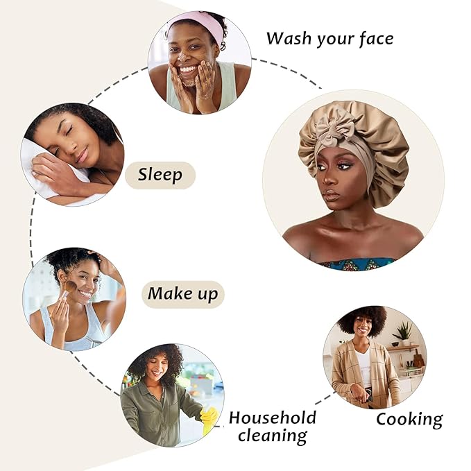 Satin Bonnet with 3PCS Hair Scrunchies for Women Tie Band Hair Bonnet Large 2 Layered Silk Sleeping Cap Nightcap for Sleeping (Coffee(Bonus 3 Hair Scrunchies))