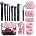 BS-MALL Makeup Brush Set with Waterproof Travel Bag & Makeup sponges -26 Pcs Set Triangle Puff & Face Washing Puffs,Face Wash Headband Wristband for Travel Go Camping Gift & Makeup Beginners (Pink)