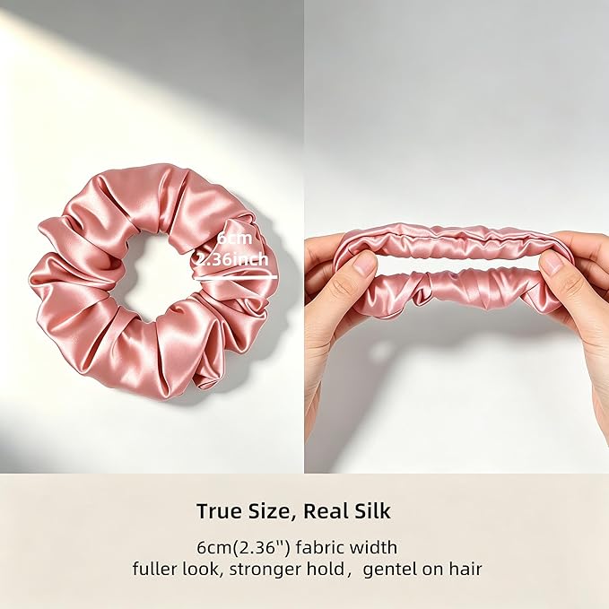 ZLYC 100% Mulberry Silk Hair Tie Scrunchie 19 Momme Gentle Creaseless Dent-Free Ponytail Holder for Women, 6cm Solid Peach Pink