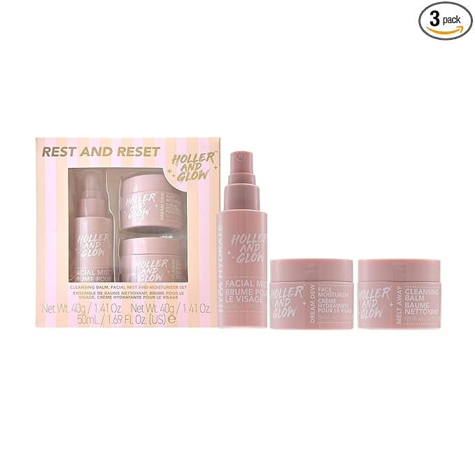 Holler And Glow Rest And Reset Cleansing Balm, Facial Mist And Moisturizer Set, Hydrating Face Spray, Cleanser & Makeup Remover, Nourishing, Stocking Stuffer For Teen Girls, 3 Piece Easter Gift