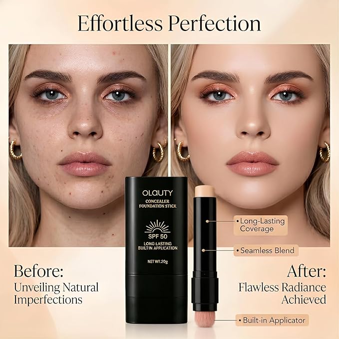 Foundation Stick, 2 in 1 Dual-Ended Long-Lasting Korean Foundation Stick, Full Coverage Foundation Makeup, Sunscreen Concealer Stick, Tattoo Cover Up Makeup, Matte Finish for Face (LIGHT SKIN)