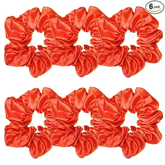 6 Pcs Satin Silk Hair Scrunchies - Soft Hair Ties, Fashion Bands, Bows, Ropes, Elastic Bracelets, Ponytail Holders for Women and Girls (4.5 Inch, Orange)