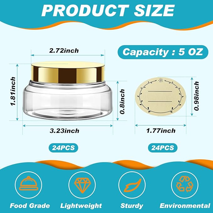 Tessco for you 24 Pack Plastic Jars with Lids Labels Multiuse Slime Containers Empty Body Scrub Jars Round Refillable Cosmetic Body Butter Container for Makeup (5 oz,Gold)