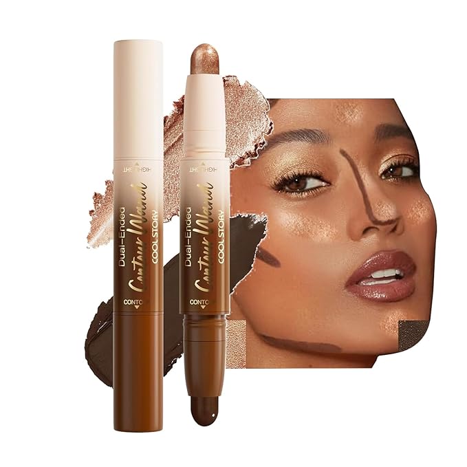 Dual-Ended Contour & Highlight Stick Cream Waterproof Contour Stick, Buildable Formula for Natural Definition and Sculpting, Flawless Cheeks/Jawlines/Nose Contours, creat your better face (Deep Rich)