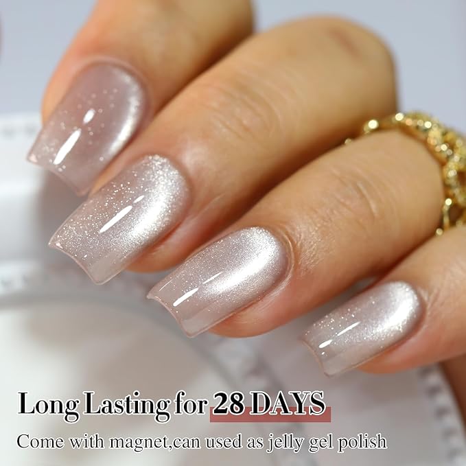 Double Rhythm Cat Eye Gel Polish with Magnet 15ML Holographic Glitter Shimmer Color 0.5 OZ Magnetic Salon DIY at Home (Champagne Nude-MC1020)