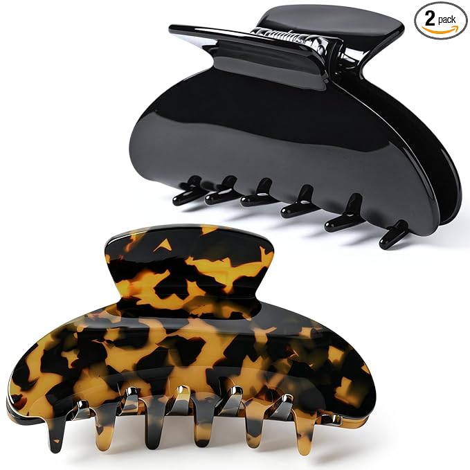 Aileam Acetate Hair Claw Clips for Women,Black Tortoise shell hair clip French Design Strong Hold Non-Slip claw clips for Thick Hair, 2 Pack