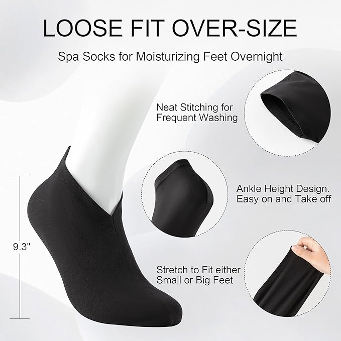 12 Pairs Cotton Moisturizing Gloves and Socks Set (1 Washing Bag, Loose Fit), Dry Hands Feet Overnight Lotion SPA Treatment, Eczema Skin Friendly, Breathable and Soft Glove Liners, Black