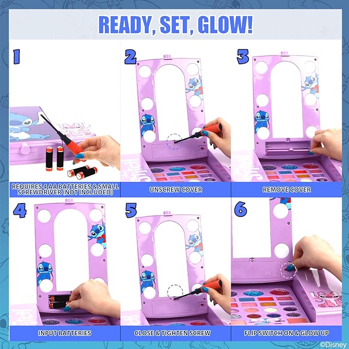 Disney Stitch Beauty Vanity Set with Light-Up Mirror, Includes Lip Gloss, Eyeshadow, Blush, Brushes, Nail Polish, Accessories, Batteries Not Included, Ages 13+, for Gift-Giving, by Townley Girl