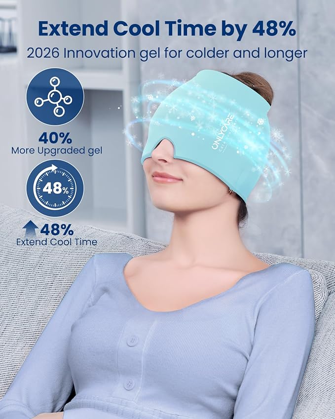 ONLYCARE Migraine Relief Cap, Upgraded Headache Relief Cap with Odorless Reusable Gel Head Wrap, Soothing Face Ice Pack Mask Products with Hot & Cold Therapy for Tension, Stress, Hangover & Puffy Eyes