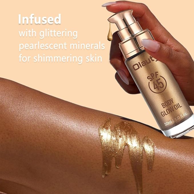 Shimmer Oil, SPF 45 Sunscreen Body Makeup Waterproof No Transfer Body Luminizer Lotion Glow for Women, Liquid Illuminator Bronzer, Long-lasting, Radiance Skin (01#Rose Gold)