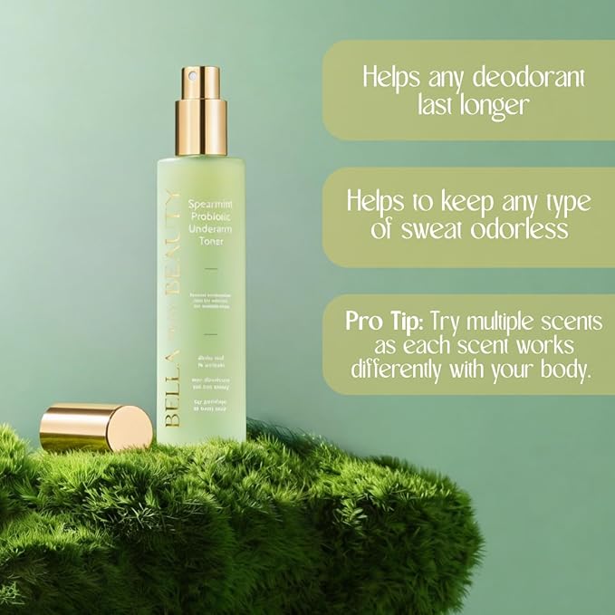 Bella Skin Beauty Deodorant Enhancer® Probiotic Underarm Toner - Spearmint - Patented Pre-Deodorant Spray That Helps Deodorants Last Longer and Helps Sweat Stay Odorless - Underarm Spray, Wipe, Apply