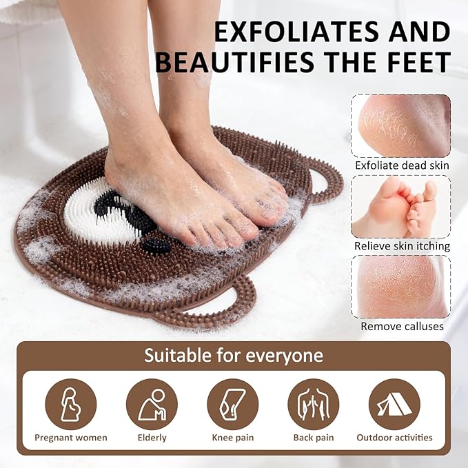 Foot Scrubber for Shower - Silicone Exfoliating Bath Mat with Non-Slip Suction Cups, Dead Skin & Callus Remover for Feet - Men & Women, 14.5" x 11" (Coffee)