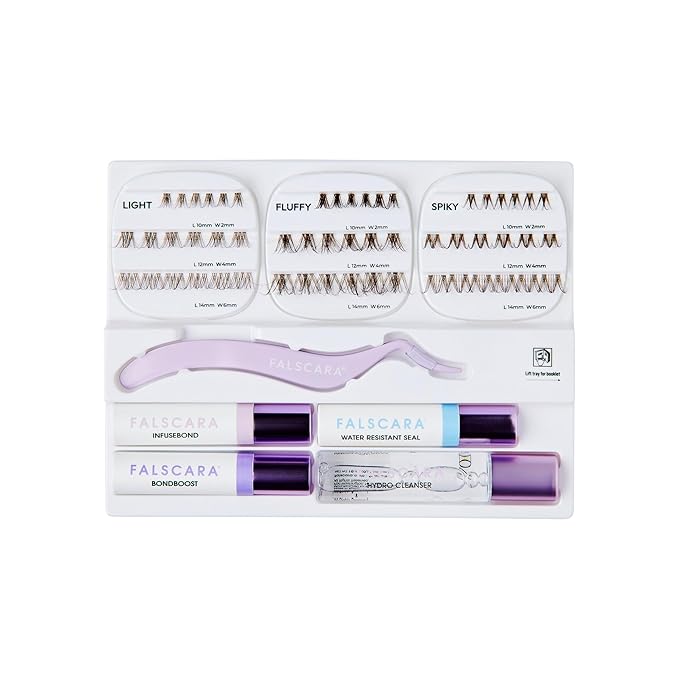 FALSCARA Studio Lash Extension Kit, 54 Stackable Lash Clusters, Medium Volume, 10mm-14mm, ‘Dark Chocolate’, False Eyelashes, InfuseBond, Water-Resistant Seal, BondBoost, Hydro Cleanser, Applicator