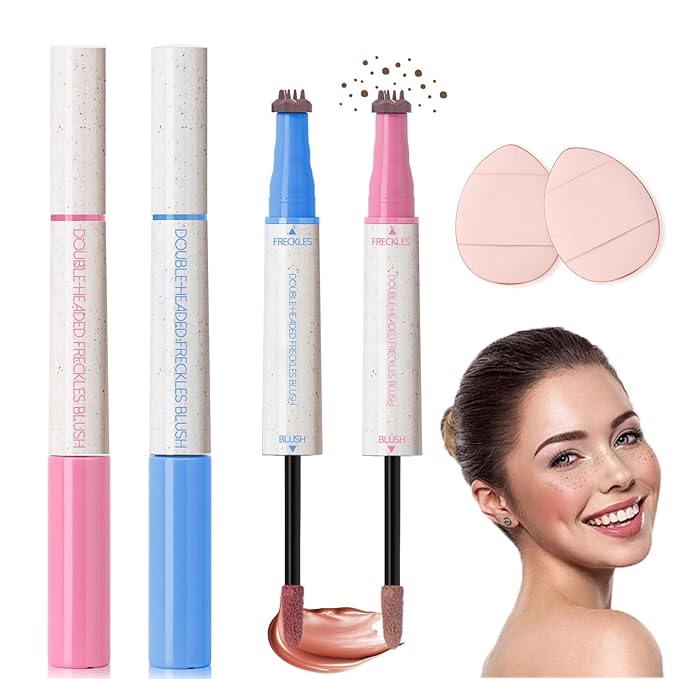 2-in-1 Freckle Pen & Liquid Blush，Waterproof Fake Faux Freckle Stamp, Henna Face Tattoo Stain, Natural Sunkissed Makeup Kit with Dual Shades (#01+ #02, M)